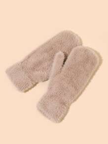 Solid Fuzzy Gloves - Khaki - View 2