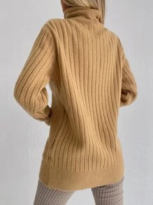 EURMUSE Turtleneck Rib Knit Sweater - Camel - View 2