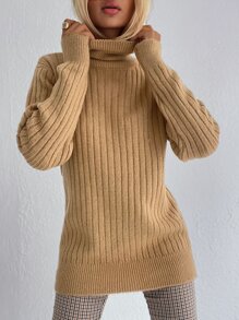 EURMUSE Turtleneck Rib Knit Sweater - Camel - View 3