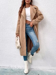 SHEIN LUNE Abrigo teddy de cuello con solapa con botón - Caqui - Ver 3