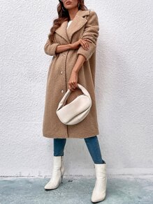 SHEIN LUNE Abrigo teddy de cuello con solapa con botón - Caqui - Ver 4