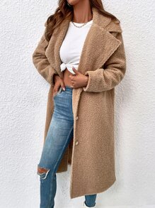 SHEIN LUNE Abrigo teddy de cuello con solapa con botón - Caqui - Ver 5