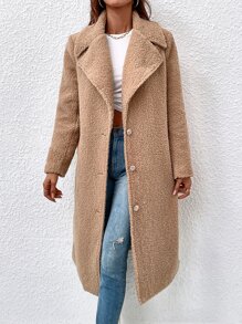 SHEIN LUNE Abrigo teddy de cuello con solapa con botón - Caqui - Ver 1