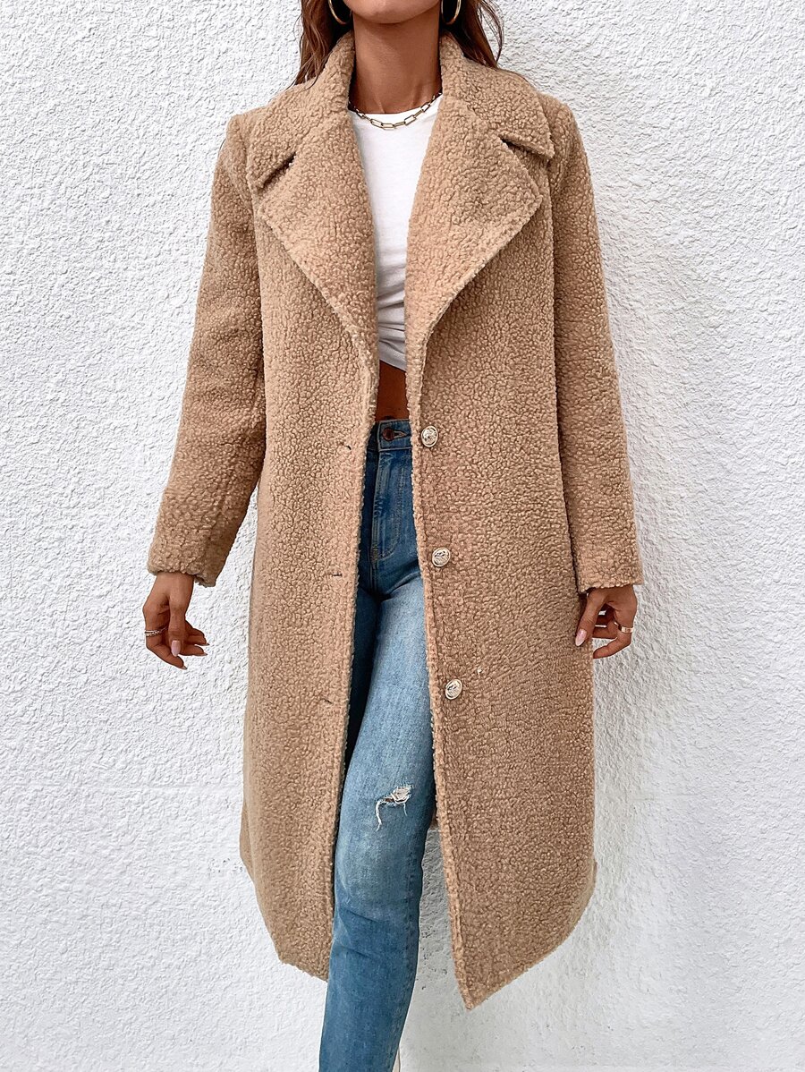 SHEIN LUNE Abrigo teddy de cuello con solapa con botón - Caqui - Ver 1