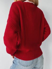 EURMUSE 1pc Rib Knit Drop Shoulder Button Up Cardigan - Red - View 8