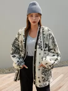 DAZY Paisley Print Drop Shoulder Teddy Jacket,Fall Women Clothes,Thermal Lined - Black and White - View 3