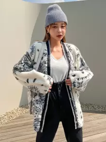 DAZY Paisley Print Drop Shoulder Teddy Jacket,Fall Women Clothes,Thermal Lined - Black and White - View 2