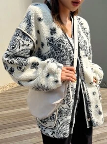 DAZY Paisley Print Drop Shoulder Teddy Jacket,Fall Women Clothes,Thermal Lined - Black and White - View 4