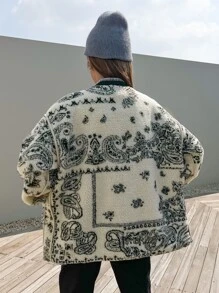 DAZY Paisley Print Drop Shoulder Teddy Jacket,Fall Women Clothes,Thermal Lined - Black and White - View 6