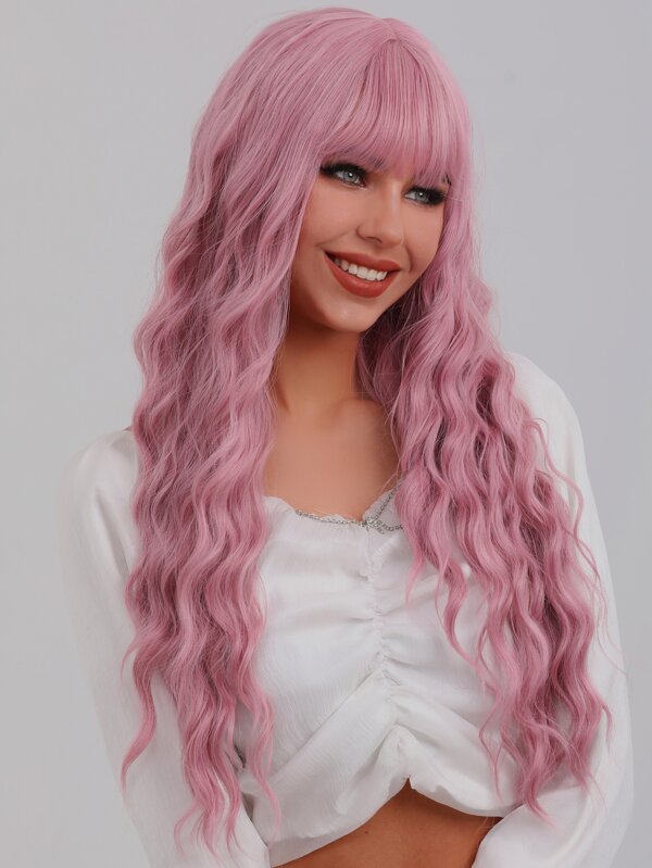 Water Wave Wigs With Bangs Pink Wigs 28 Inch Heat Resistant Fiber Long