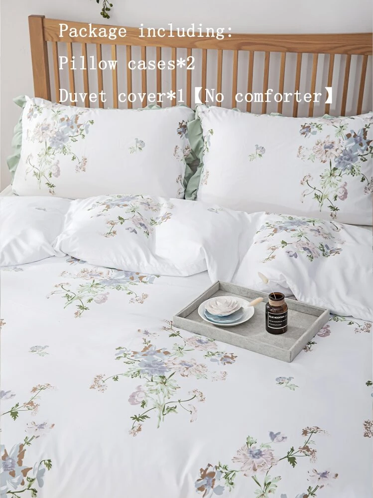 Scallop Trim Flower Print Duvet Cover Set Without Filler - Multicolor - View 5