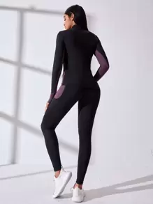 Easithlete 2 件高弹力健身瑜伽服健身房服装套装拇指孔和拉链上衣手机口袋紧身裤健身套装健身女士套装 - 黑色 - 查看 2