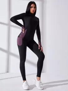 Easithlete 2 件高弹力健身瑜伽服健身房服装套装拇指孔和拉链上衣手机口袋紧身裤健身套装健身女士套装 - 黑色 - 查看 5