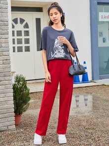 Celana Sweatpants dengan Kantong Miring Polos - Merah - View 3