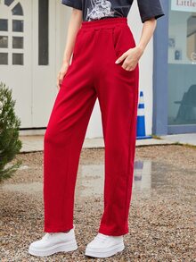 Celana Sweatpants dengan Kantong Miring Polos - Merah - View 4