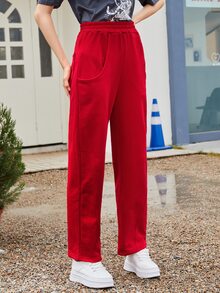 Celana Sweatpants dengan Kantong Miring Polos - Merah - View 5