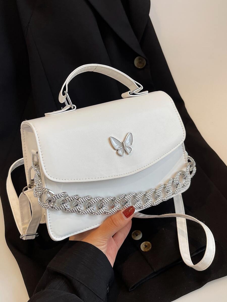 Bolso cuadrado ligero, informal de negocios con diseño de mariposas y cadenas, con solapa y asa superior, para adolescentes, niñas, mujeres, estudiantes universitarias, novatos y trabajadores administrativos, perfecto para la oficina, la universidad, el trabajo, los negocios, los desplazamientos, al aire libre, los viajes, las excursiones