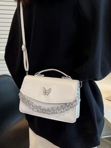 Bolso cuadrado ligero, informal de negocios con diseño de mariposas y cadenas, con solapa y asa superior, para adolescentes, niñas, mujeres, estudiantes universitarias, novatos y trabajadores administrativos, perfecto para la oficina, la universidad, el trabajo, los negocios, los desplazamientos, al aire libre, los viajes, las excursiones