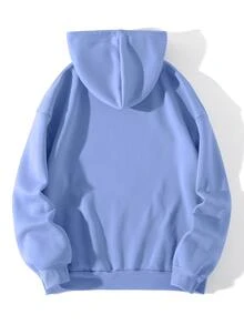 SHEIN EZwear Letter Graphic Kangaroo Pocket Drawstring Thermal Hoodie - Blue - View 2