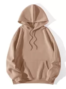 SHEIN EZwear Slogan & Butterfly Print Kangaroo Pocket Drawstring Thermal Hoodie - Khaki - View 2