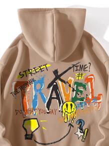 INAWLY 塗鴉圖案袋鼠口袋抽繩保暖連帽衫 - 杏色 - 查看 3