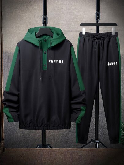 Guys Letter Graphic Contrast Side Seam Drawstring Hoodie & Joggers