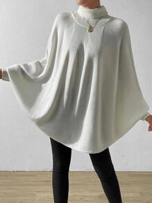 SHEIN LUNE Turtleneck Batwing Sleeve Knit Poncho - Beige - View 1