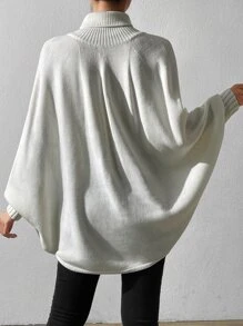 SHEIN LUNE Turtleneck Batwing Sleeve Knit Poncho - Beige - View 2
