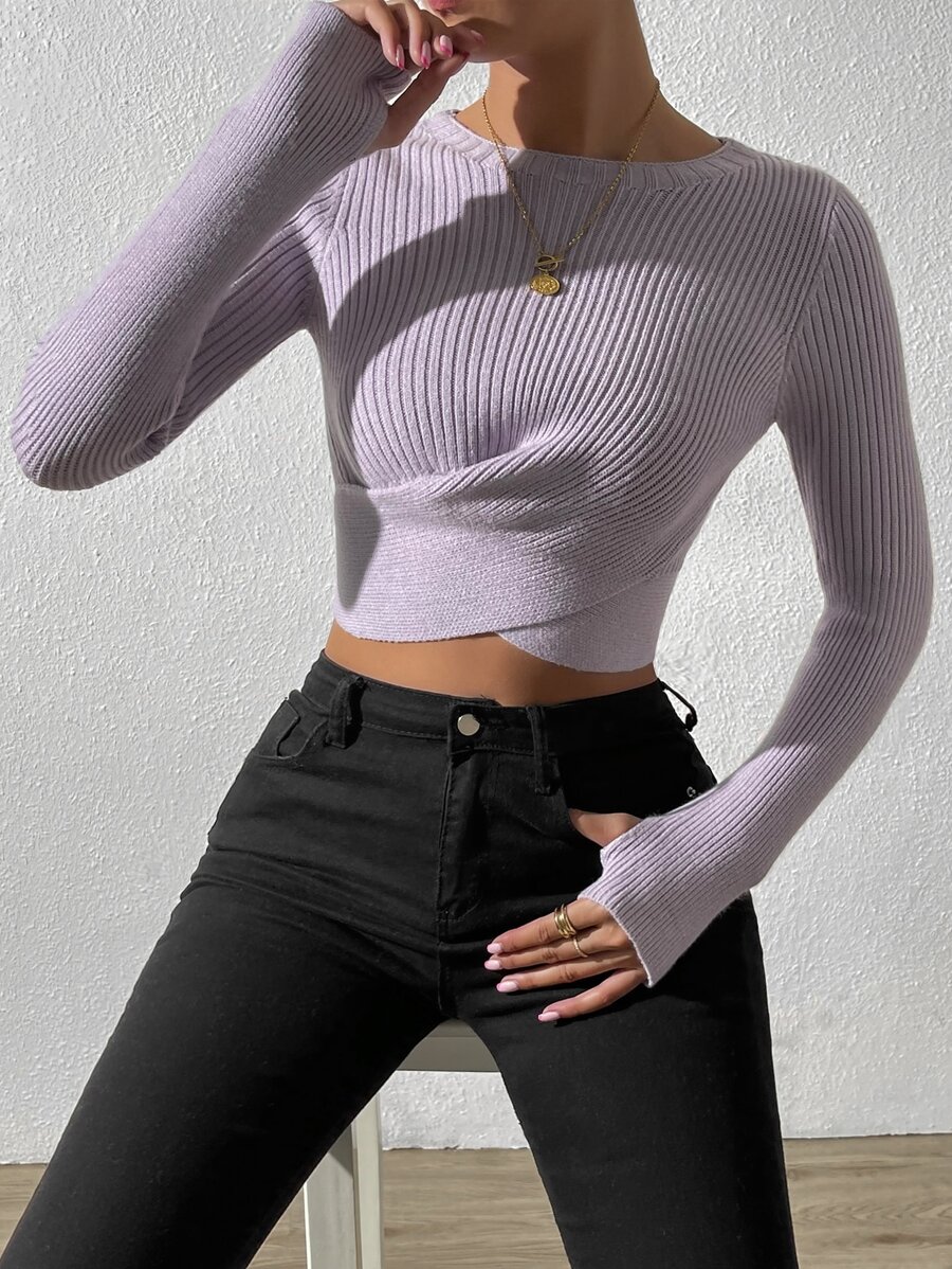 SHEIN Unity Wrap Tie Back Rib-Knit Crop Sweater Knit Pullover Fall Winter Outfit - Mauve Purple - View 1