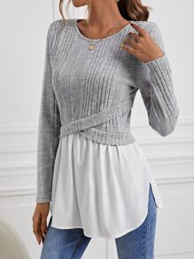 SHEIN Clasi Áo thun nữ Viên lá sen Gân đan Khối Màu Giải trí - Nhiều màu - Xem 1