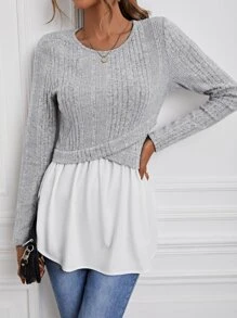 SHEIN Clasi Áo thun nữ Viên lá sen Gân đan Khối Màu Giải trí - Nhiều màu - Xem 4