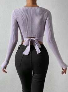 SHEIN Unity Wrap Tie Back Rib-Knit Crop Sweater Knit Pullover Fall Winter Outfit - Mauve Purple - View 2