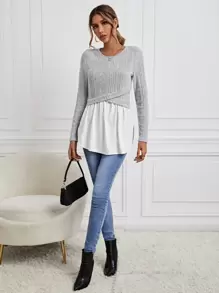 SHEIN Clasi Áo thun nữ Viên lá sen Gân đan Khối Màu Giải trí - Nhiều màu - Xem 5