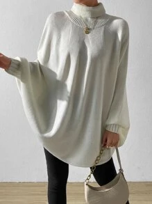 SHEIN LUNE Turtleneck Batwing Sleeve Knit Poncho - Beige - View 4