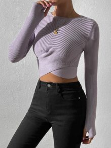 SHEIN Unity Wrap Tie Back Rib-Knit Crop Sweater Knit Pullover Fall Winter Outfit - Mauve Purple - View 3