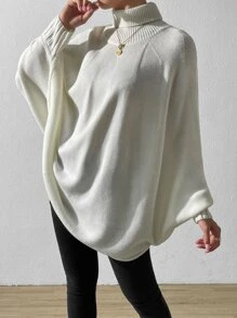 SHEIN LUNE Turtleneck Batwing Sleeve Knit Poncho - Beige - View 5