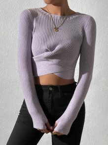 SHEIN Unity Wrap Tie Back Rib-Knit Crop Sweater Knit Pullover Fall Winter Outfit - Mauve Purple - View 4