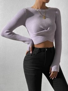 SHEIN Unity Wrap Tie Back Rib-Knit Crop Sweater Knit Pullover Fall Winter Outfit - Mauve Purple - View 5