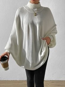 SHEIN LUNE Turtleneck Batwing Sleeve Knit Poncho - Beige - View 6