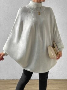 SHEIN LUNE Turtleneck Batwing Sleeve Knit Poncho - Beige - View 7