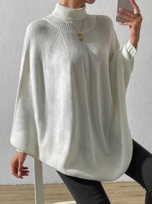 SHEIN LUNE Turtleneck Batwing Sleeve Knit Poncho - Beige - View 8