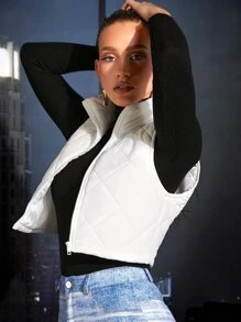 COSMINA Solid Vest Argyle Quilted Coat In Fall/Winter - White - View 1