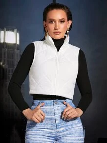 COSMINA Solid Vest Argyle Quilted Coat In Fall/Winter - White - View 3