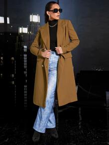 SHEINNeu Double Breasted Flap Detail Belted Overcoat - Camel - View 4
