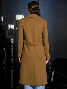 SHEINNeu Double Breasted Flap Detail Belted Overcoat - Camel - View 2