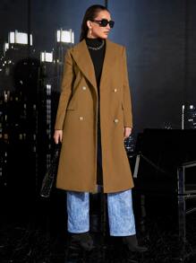 SHEINNeu Double Breasted Flap Detail Belted Overcoat - Camel - View 5