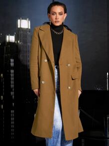 SHEINNeu Double Breasted Flap Detail Belted Overcoat - Camel - View 3