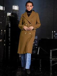 SHEINNeu Double Breasted Flap Detail Belted Overcoat - Camel - View 1
