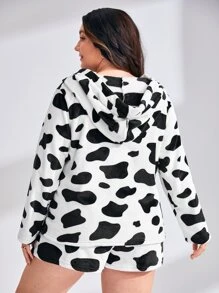 3 piezas Conjunto de pijama con estampado de vaca con capucha - Blanco y Negro - Ver 2