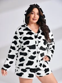 3 piezas Conjunto de pijama con estampado de vaca con capucha - Blanco y Negro - Ver 5